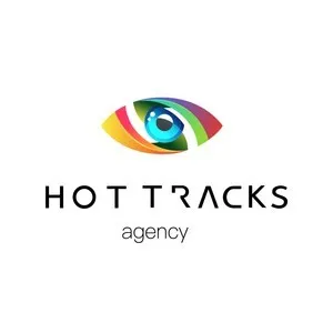 Logotipo da marca corporativa HOT TRACKS AGENCY disponível para aquisição, com registro ativo no INPI para agenciamento de artistas e serviços de assessoria.